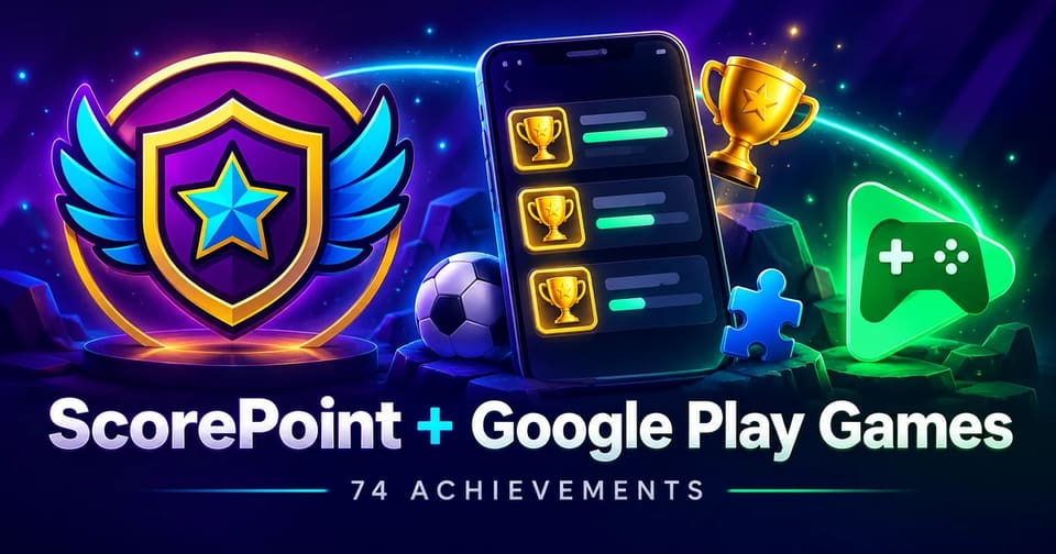 ScorePoint logo, smartphone and Google Play Games achievements — illustration