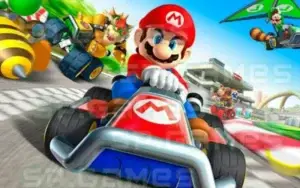 ماريو وهو يقود سيارة سباق في لعبة Mario Kart